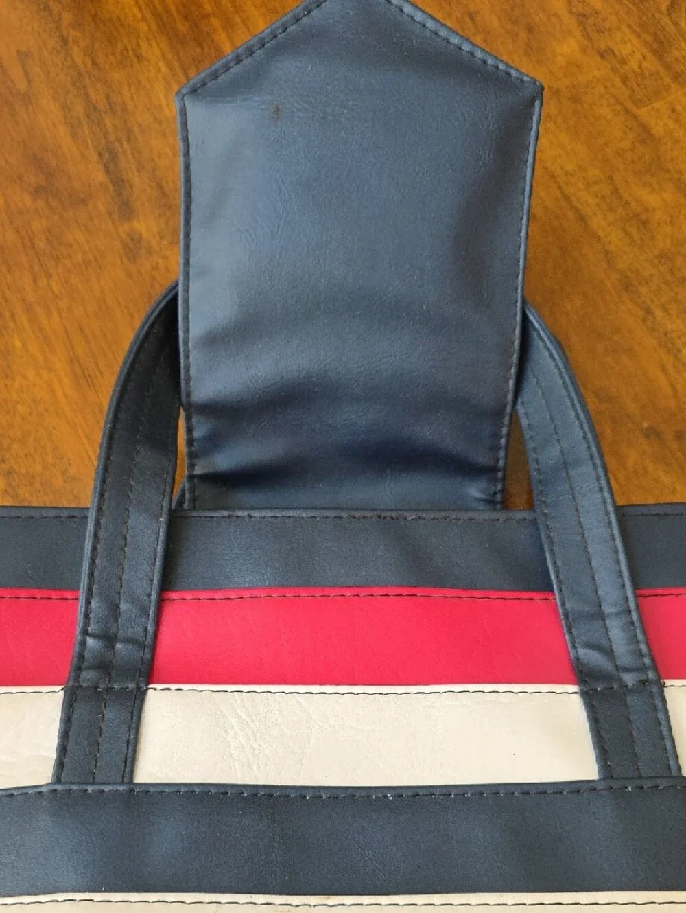 Vintage 1970s Naugahyde Striped Navy, Red & White Women’s Top-Handle Granny Bag